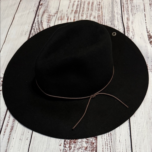 Peter Grimm Accessories - PETER GRIMM Black Wide Brim Wool Fedora Hat with Brown Leather Cord